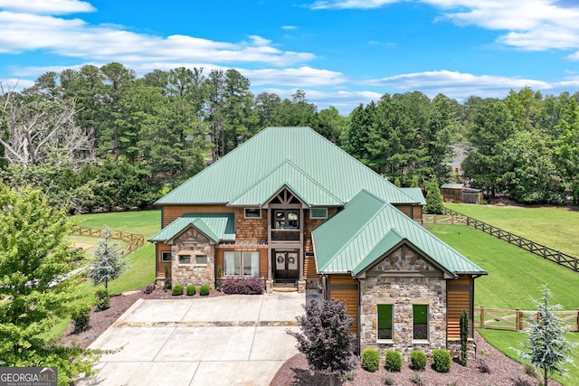 6590 Lights Ferry Rd, Flowery Branch, GA 30542 - view of front of property with stone siding, a standing seam roof, a metal roof, and a gate