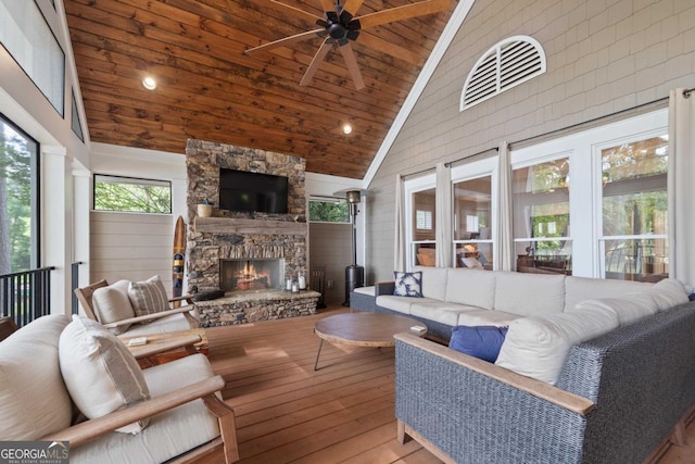 1320 Dogwood Drive 1320Dogwood Drive, Greensboro, GA 30642 - living area with high vaulted ceiling, a ceiling fan, hardwood / wood-style flooring, wooden ceiling, and a fireplace