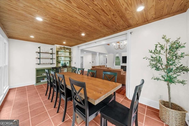 4735 Log Cabin Rd, Gainesville, GA 30504 - dining area featuring wooden ceiling, tile patterned flooring, a chandelier, and recessed lighting