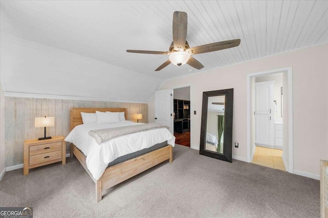 4735 Log Cabin Rd, Gainesville, GA 30504 - bedroom featuring carpet flooring, a ceiling fan, connected bathroom, and vaulted ceiling