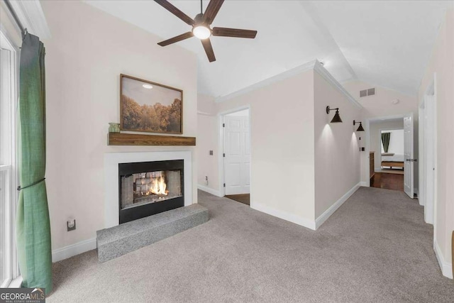 4735 Log Cabin Rd, Gainesville, GA 30504 - unfurnished living room with carpet floors, lofted ceiling, a ceiling fan, and a multi sided fireplace