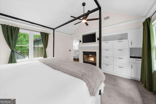 4735 Log Cabin Rd, Gainesville, GA 30504 - carpeted bedroom with vaulted ceiling, a glass covered fireplace, and a ceiling fan