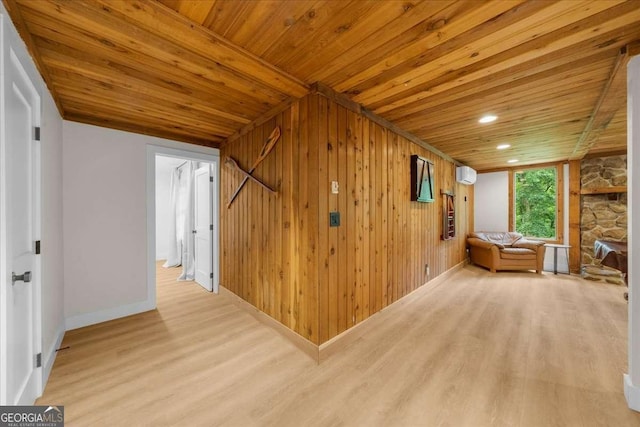 4735 Log Cabin Rd, Gainesville, GA 30504 - corridor with wooden ceiling, wood finished floors, an AC wall unit, recessed lighting, and wood walls