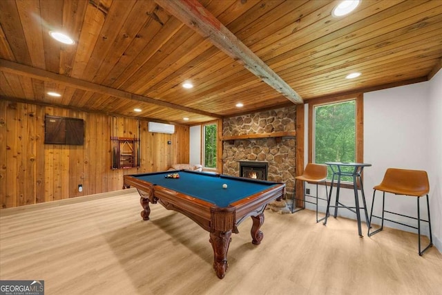 4735 Log Cabin Rd, Gainesville, GA 30504 - game room with a wooden ceiling with exposed beams, wood finished floors, pool table, a fireplace, and a wall mounted air conditioner