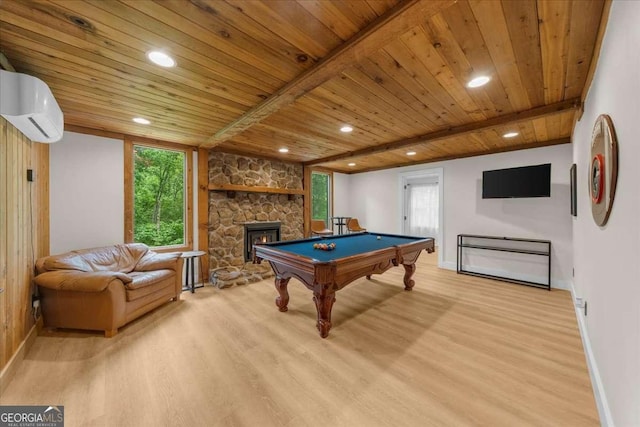 4735 Log Cabin Rd, Gainesville, GA 30504 - game room with a wooden ceiling with exposed beams, light wood-style flooring, an AC wall unit, recessed lighting, and billiards