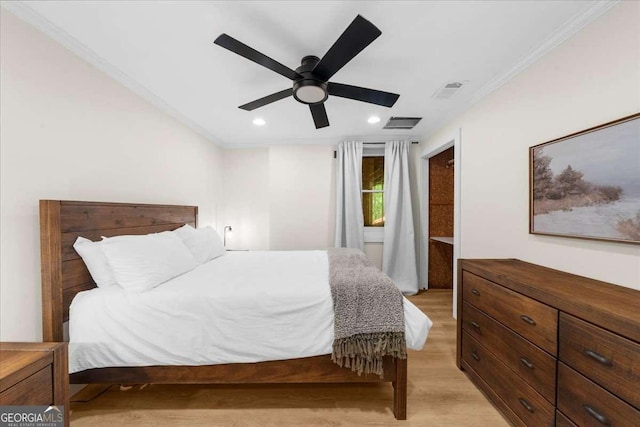 4735 Log Cabin Rd, Gainesville, GA 30504 - bedroom featuring light wood-style flooring, crown molding, recessed lighting, and a ceiling fan