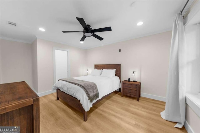 4735 Log Cabin Rd, Gainesville, GA 30504 - bedroom featuring light wood finished floors, recessed lighting, ceiling fan, and crown molding
