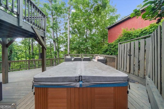 4735 Log Cabin Rd, Gainesville, GA 30504 - wooden deck with a hot tub, an outdoor hangout area, and view of scattered trees