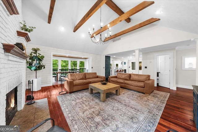 4735 Log Cabin Rd, Gainesville, GA 30504 - living area with high vaulted ceiling, hardwood / wood-style flooring, a fireplace, and beam ceiling