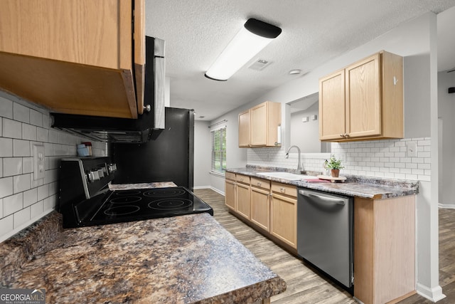 615 Coan Dr, Locust Grove, GA 30248 - kitchen with dishwasher, stove, light brown cabinets, light wood-style floors, and a textured ceiling