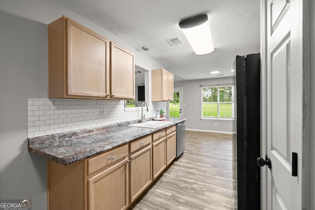 615 Coan Dr, Locust Grove, GA 30248 - kitchen featuring stainless steel dishwasher, light wood-style flooring, a textured ceiling, and light brown cabinetry