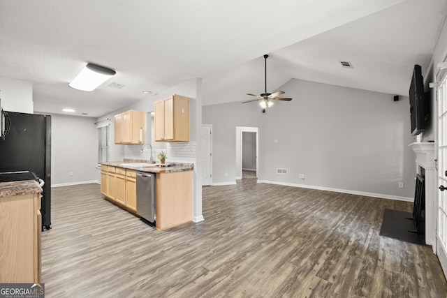 615 Coan Dr, Locust Grove, GA 30248 - kitchen featuring light brown cabinetry, dishwasher, ceiling fan, wood finished floors, and freestanding refrigerator