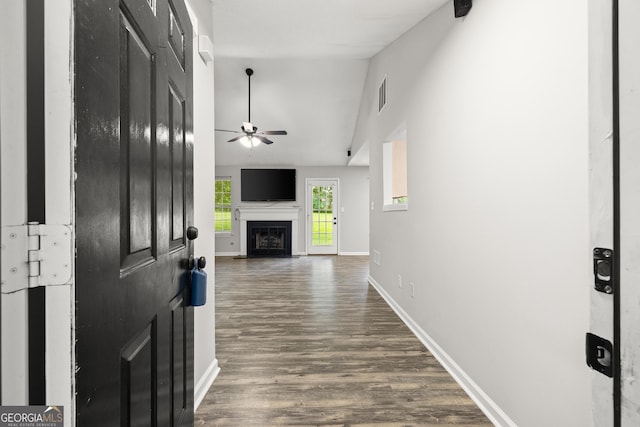 615 Coan Dr, Locust Grove, GA 30248 - entrance foyer with ceiling fan, dark wood-style floors, a fireplace, and high vaulted ceiling