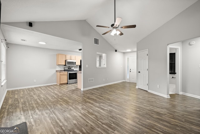 615 Coan Dr, Locust Grove, GA 30248 - unfurnished living room featuring dark wood-type flooring, ceiling fan, and high vaulted ceiling