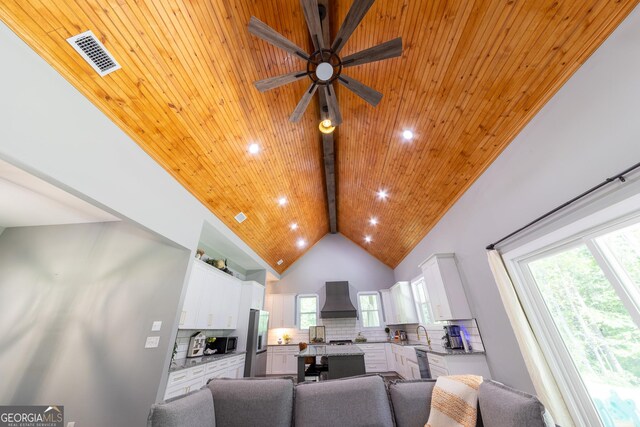 181 S Chattahoochee Dr, Hogansville, GA 30230 - living area featuring a wood ceiling with exposed beams, ceiling fan, high vaulted ceiling, and recessed lighting