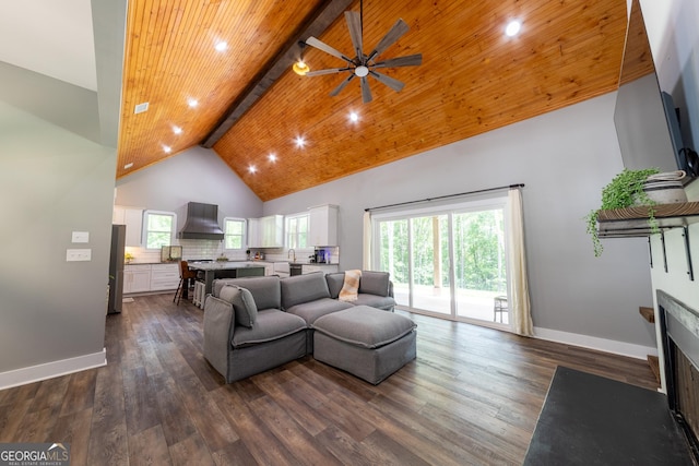 181 S Chattahoochee Dr, Hogansville, GA 30230 - living room featuring a ceiling fan, a wood ceiling with exposed beams, dark wood-type flooring, high vaulted ceiling, and a fireplace
