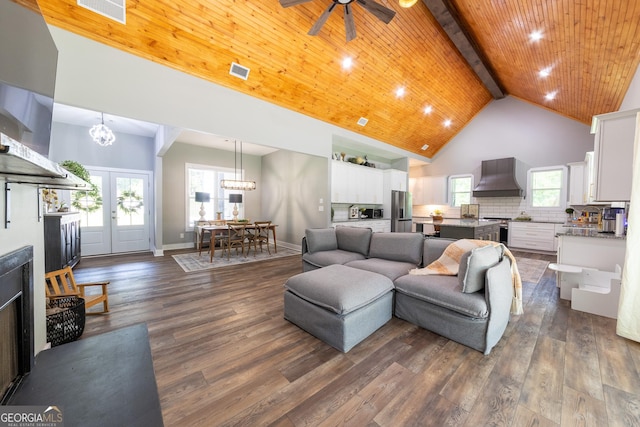 181 S Chattahoochee Dr, Hogansville, GA 30230 - living room featuring a chandelier, beam ceiling, dark wood finished floors, high vaulted ceiling, and a ceiling fan