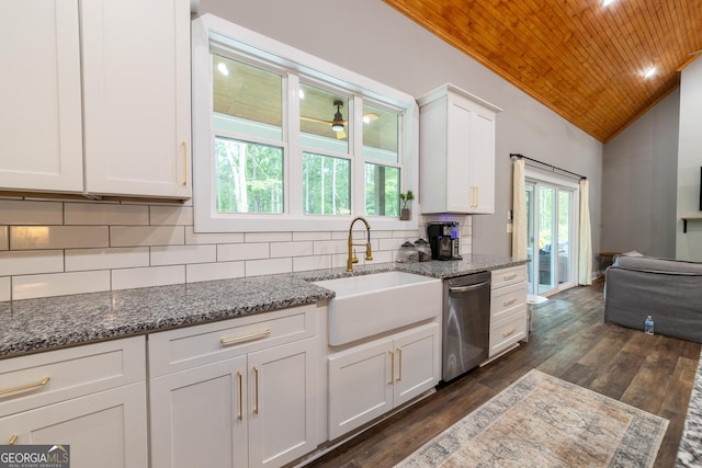181 S Chattahoochee Dr, Hogansville, GA 30230 - kitchen featuring stainless steel dishwasher, vaulted ceiling, wooden ceiling, dark wood finished floors, and backsplash