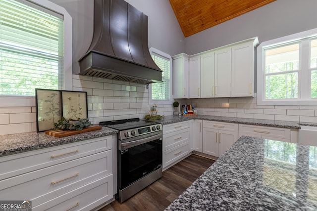181 S Chattahoochee Dr, Hogansville, GA 30230 - kitchen with stainless steel range with electric cooktop, custom range hood, lofted ceiling, wood ceiling, and white cabinetry