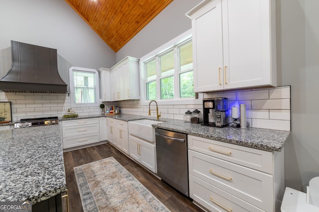 181 S Chattahoochee Dr, Hogansville, GA 30230 - kitchen with stainless steel appliances, wood ceiling, custom exhaust hood, light stone countertops, and white cabinetry