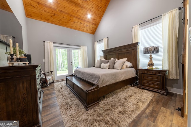 181 S Chattahoochee Dr, Hogansville, GA 30230 - bedroom featuring access to exterior, high vaulted ceiling, wooden ceiling, dark wood finished floors, and french doors