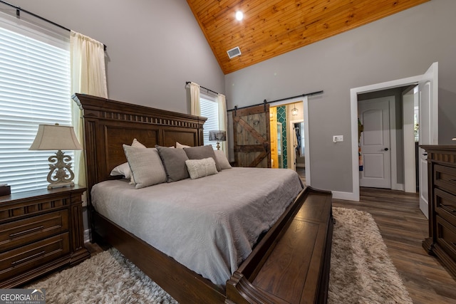 181 S Chattahoochee Dr, Hogansville, GA 30230 - bedroom with high vaulted ceiling, a barn door, wood finished floors, and wood ceiling