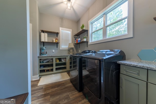 181 S Chattahoochee Dr, Hogansville, GA 30230 - laundry area with independent washer and dryer, dark wood-type flooring, and cabinet space