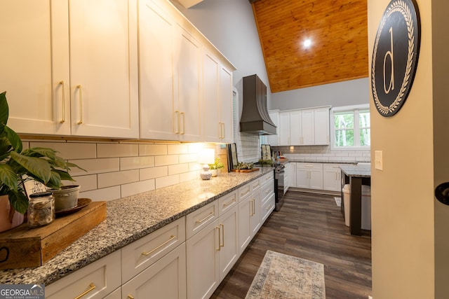 181 S Chattahoochee Dr, Hogansville, GA 30230 - kitchen with premium range hood, stainless steel range oven, white cabinets, dark wood-style flooring, and decorative backsplash