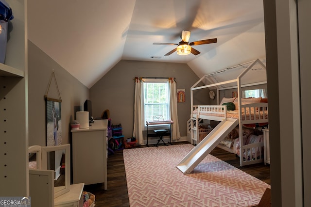 181 S Chattahoochee Dr, Hogansville, GA 30230 - bedroom featuring lofted ceiling, dark wood-style floors, and a ceiling fan