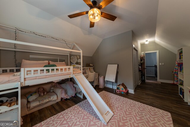 181 S Chattahoochee Dr, Hogansville, GA 30230 - bedroom with wood finished floors, lofted ceiling, and a ceiling fan
