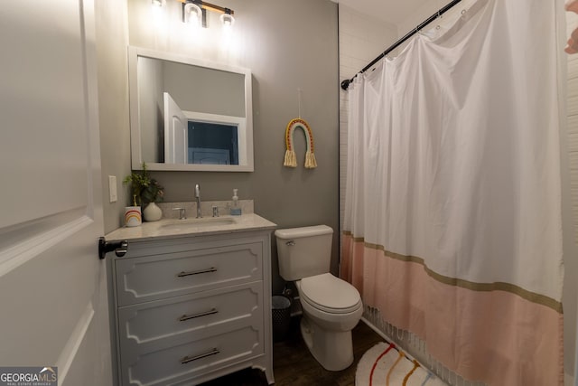 181 S Chattahoochee Dr, Hogansville, GA 30230 - full bathroom featuring vanity, wood finished floors, and curtained shower