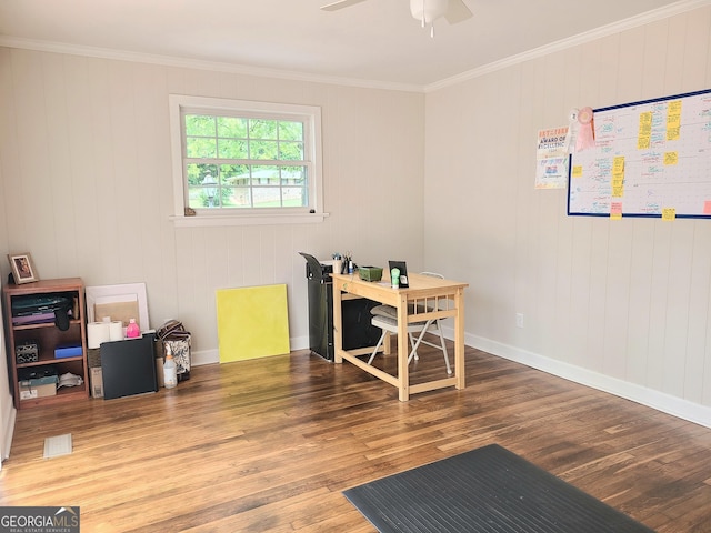 723 Fricks Ln, Rossville, GA 30741 - home office with wood finished floors, a ceiling fan, and crown molding