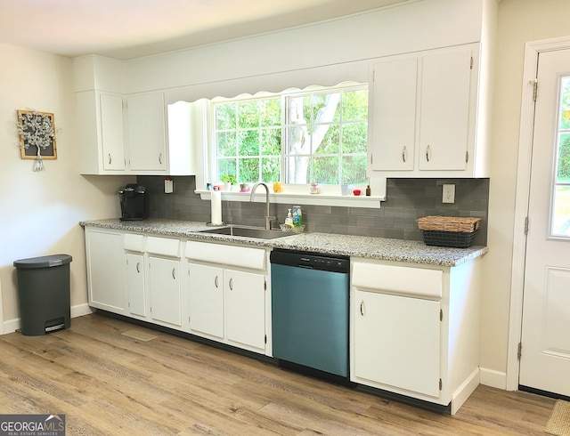 723 Fricks Ln, Rossville, GA 30741 - kitchen featuring dishwashing machine, backsplash, white cabinets, and light wood-type flooring