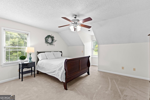 100 Merrill Dr, Lagrange, GA 30241 - bedroom with light colored carpet, a textured ceiling, lofted ceiling, and a ceiling fan
