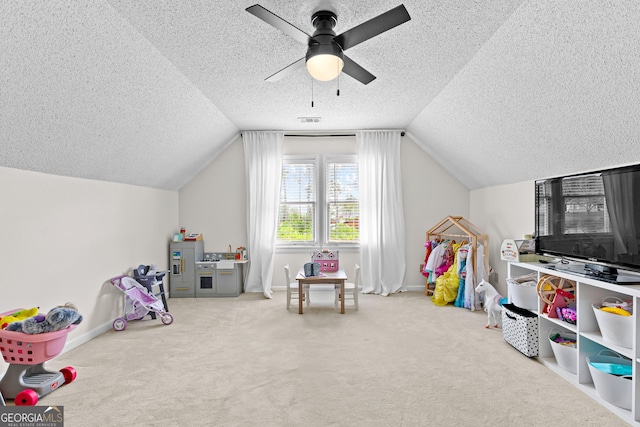100 Merrill Dr, Lagrange, GA 30241 - game room with ceiling fan, a textured ceiling, lofted ceiling, and carpet floors