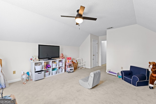 100 Merrill Dr, Lagrange, GA 30241 - playroom with lofted ceiling, carpet flooring, a ceiling fan, and a textured ceiling