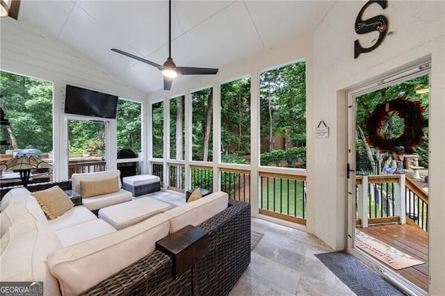 525 Avala Ct, Johns Creek, GA 30022 - sunroom with a ceiling fan, an outdoor hangout area, healthy amount of natural light, and lofted ceiling