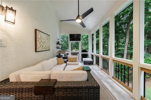525 Avala Ct, Johns Creek, GA 30022 - sunroom / solarium featuring an outdoor hangout area, a textured wall, a ceiling fan, healthy amount of natural light, and lofted ceiling