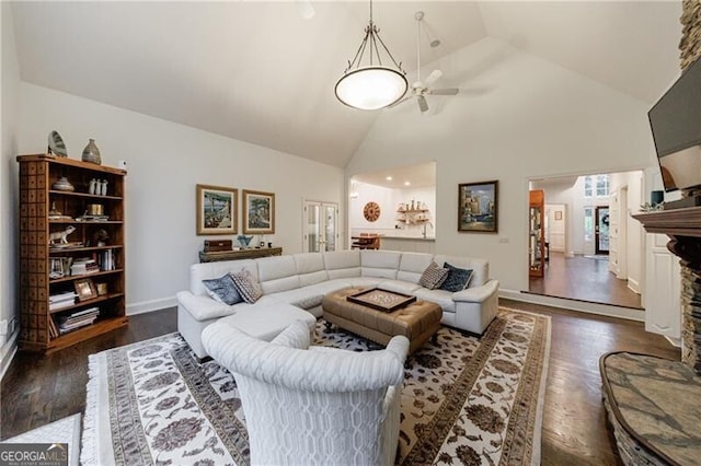 525 Avala Ct, Johns Creek, GA 30022 - living room with dark wood-style flooring, high vaulted ceiling, and ceiling fan
