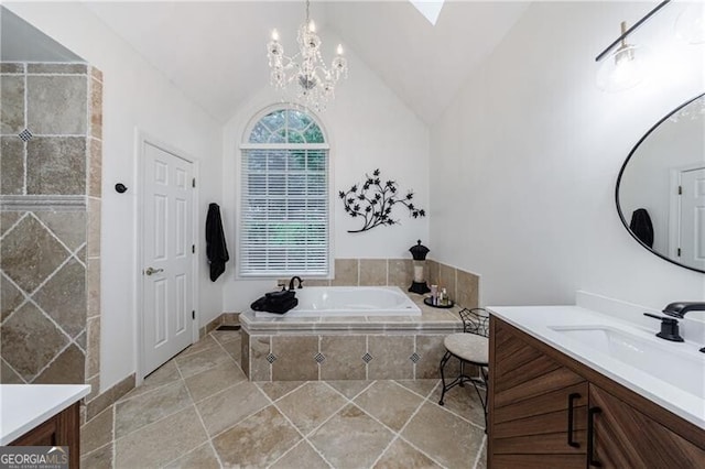 525 Avala Ct, Johns Creek, GA 30022 - bathroom with vanity, a bath, a chandelier, and vaulted ceiling
