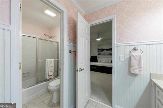 525 Avala Ct, Johns Creek, GA 30022 - full bathroom featuring ensuite bathroom, wallpapered walls, tile patterned floors, a wainscoted wall, and ornamental molding