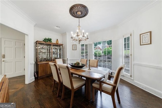 525 Avala Ct, Johns Creek, GA 30022 - dining area with a chandelier, ornamental molding, and dark wood-type flooring