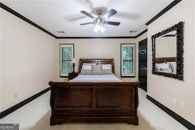 525 Avala Ct, Johns Creek, GA 30022 - bedroom featuring light colored carpet, ornamental molding, and a ceiling fan