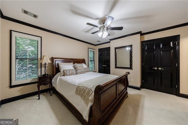 525 Avala Ct, Johns Creek, GA 30022 - bedroom with light colored carpet, multiple windows, crown molding, and a ceiling fan