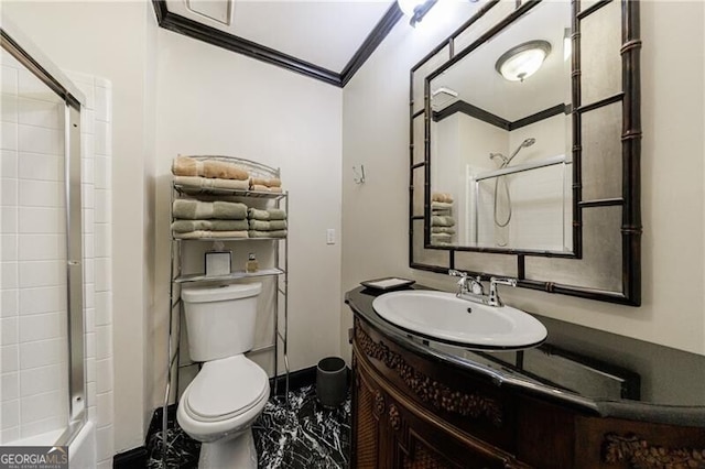 525 Avala Ct, Johns Creek, GA 30022 - full bathroom with marble look tiles, crown molding, a stall shower, and vanity