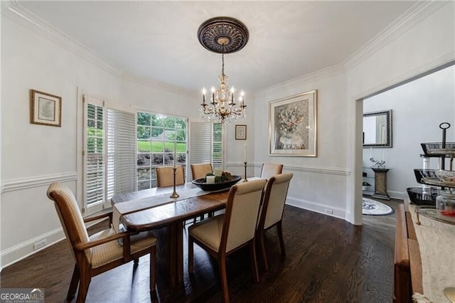 525 Avala Ct, Johns Creek, GA 30022 - dining space featuring a chandelier, dark wood-style flooring, and ornamental molding