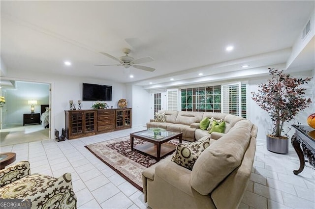 525 Avala Ct, Johns Creek, GA 30022 - living room featuring recessed lighting, a ceiling fan, and light tile patterned floors