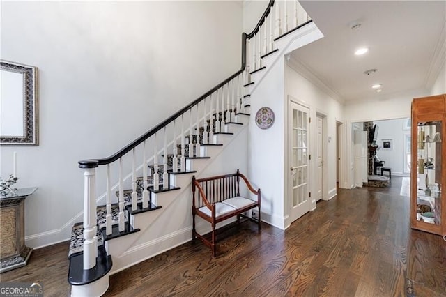 525 Avala Ct, Johns Creek, GA 30022 - foyer featuring stairs, wood finished floors, ornamental molding, and recessed lighting
