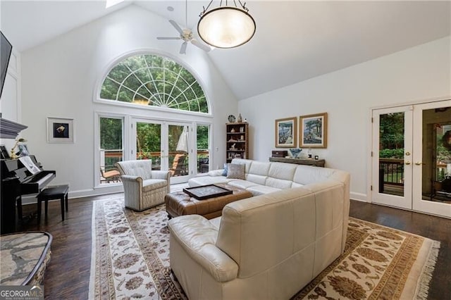 525 Avala Ct, Johns Creek, GA 30022 - living room featuring french doors, high vaulted ceiling, a ceiling fan, and dark wood-style floors