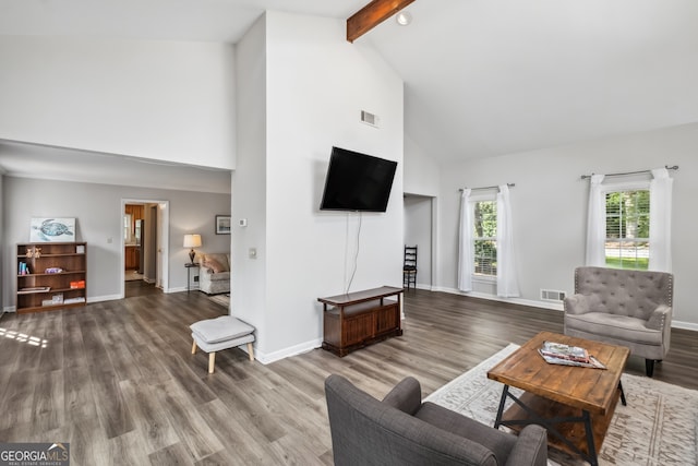 3220 Casteel Rd, Marietta, GA 30062 - living room with high vaulted ceiling, wood finished floors, and beamed ceiling